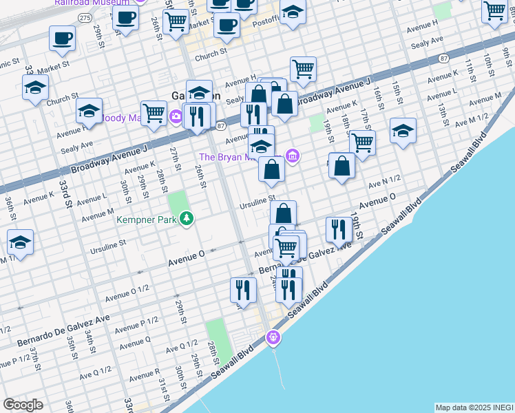 map of restaurants, bars, coffee shops, grocery stores, and more near in Galveston