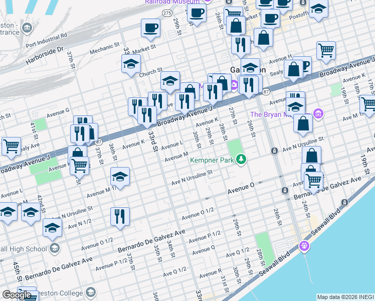 map of restaurants, bars, coffee shops, grocery stores, and more near 3021 Avenue M in Galveston