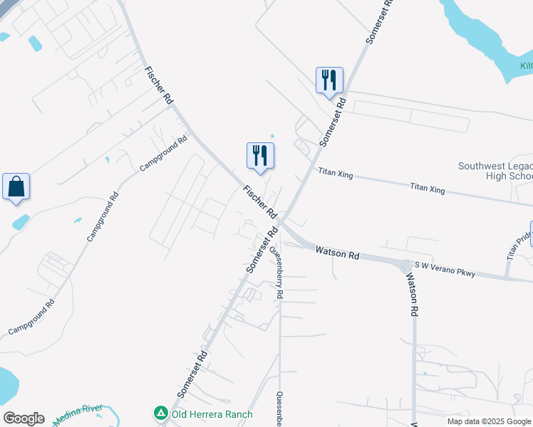 map of restaurants, bars, coffee shops, grocery stores, and more near 13125 Somerset Road in Von Ormy