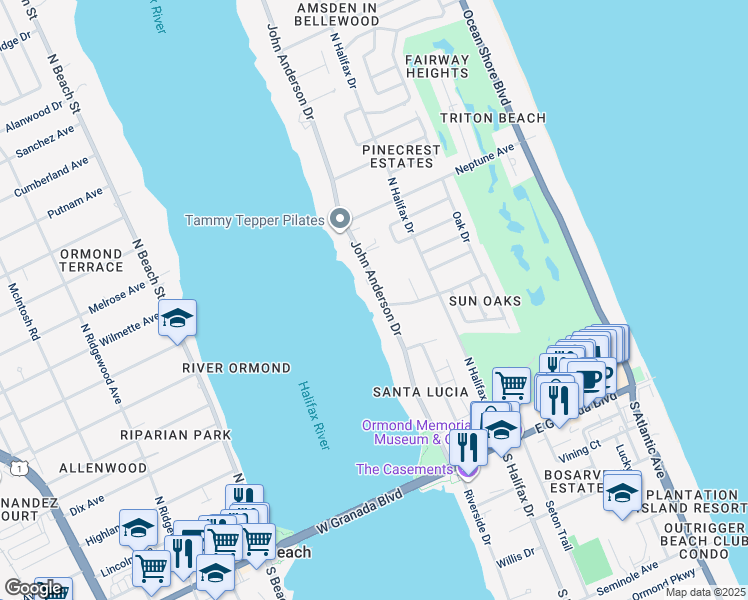 map of restaurants, bars, coffee shops, grocery stores, and more near 230 John Anderson Drive in Ormond Beach