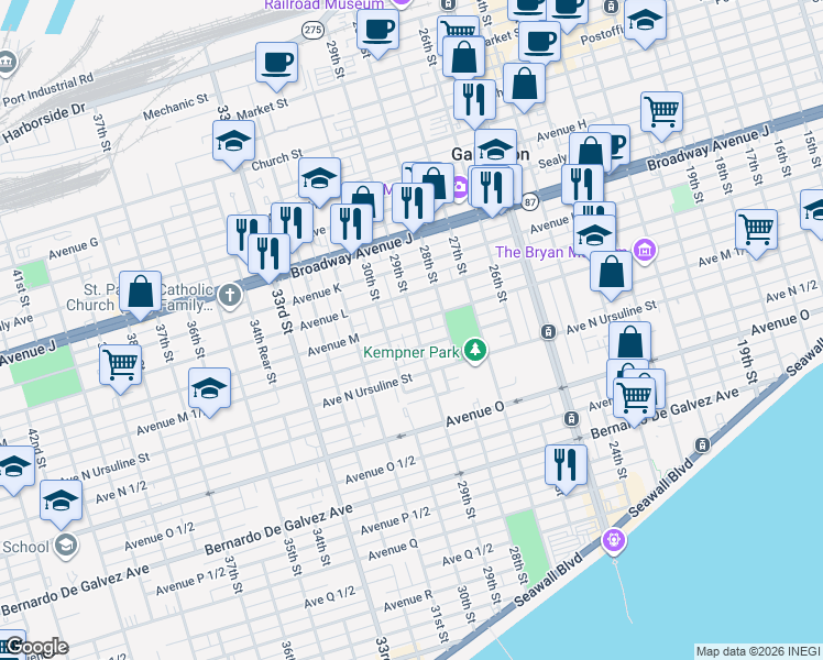map of restaurants, bars, coffee shops, grocery stores, and more near 1301 29th Street in Galveston