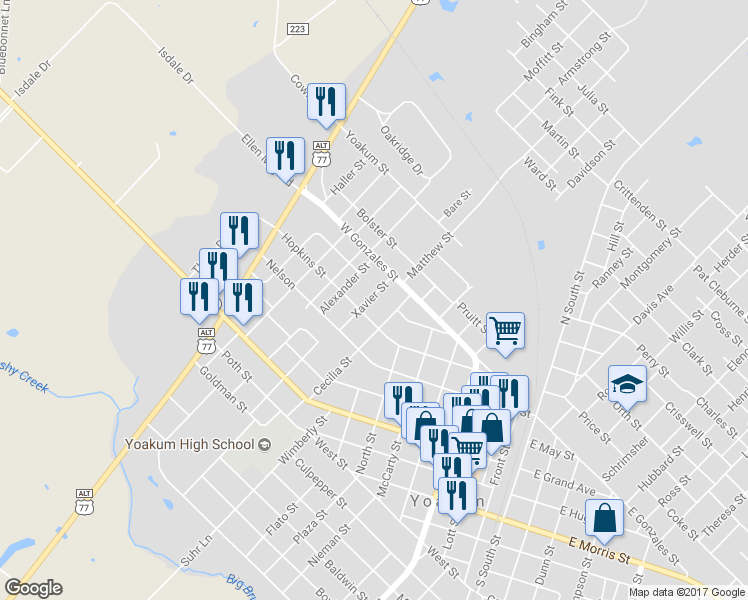 map of restaurants, bars, coffee shops, grocery stores, and more near 114 Xavier Street in Yoakum