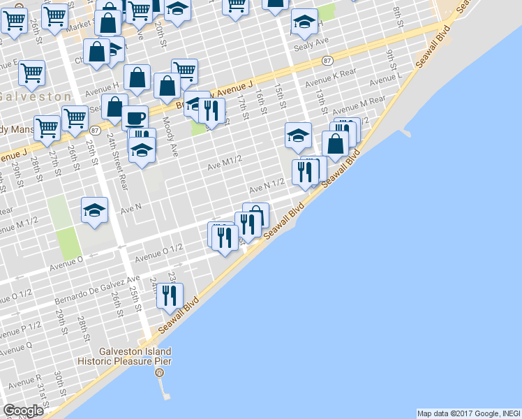 map of restaurants, bars, coffee shops, grocery stores, and more near 1717 Avenue O in Galveston