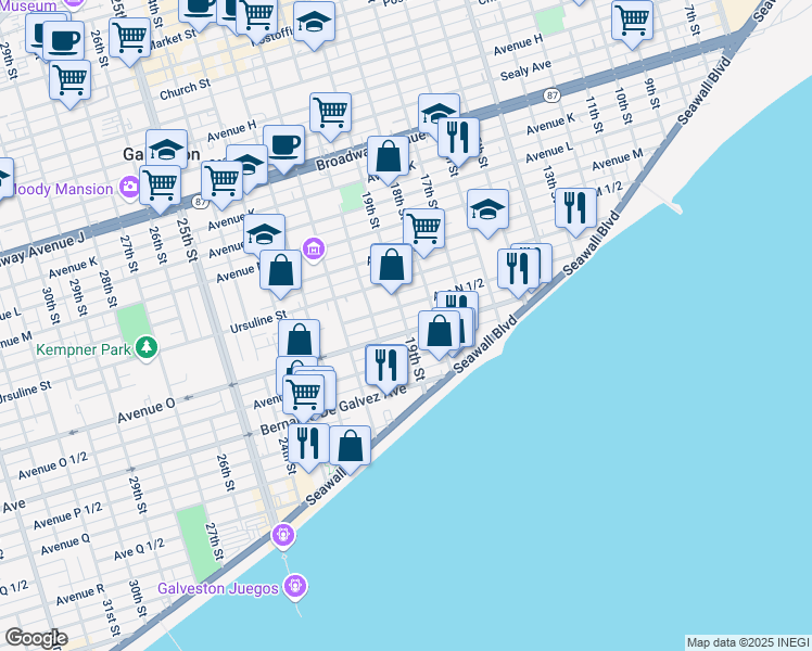 map of restaurants, bars, coffee shops, grocery stores, and more near in Galveston
