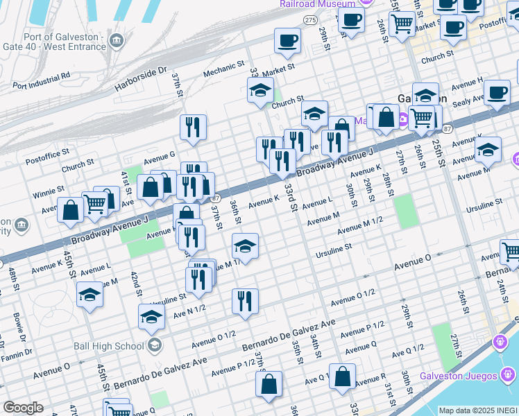 map of restaurants, bars, coffee shops, grocery stores, and more near 3410 Avenue L in Galveston