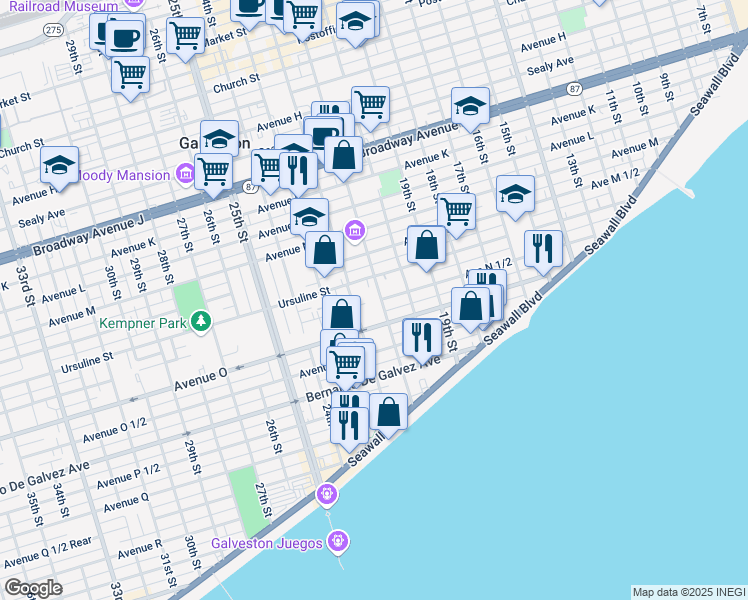 map of restaurants, bars, coffee shops, grocery stores, and more near 1525 21st Street in Galveston