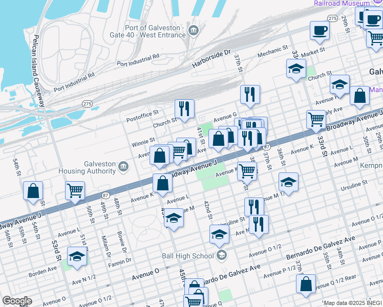 map of restaurants, bars, coffee shops, grocery stores, and more near 4201 Sealy Avenue in Galveston