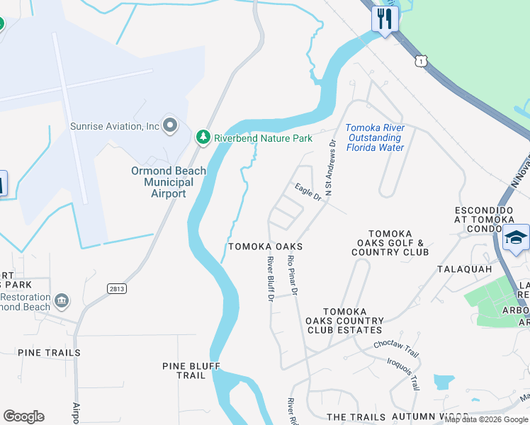 map of restaurants, bars, coffee shops, grocery stores, and more near 308 River Bluff Drive in Ormond Beach