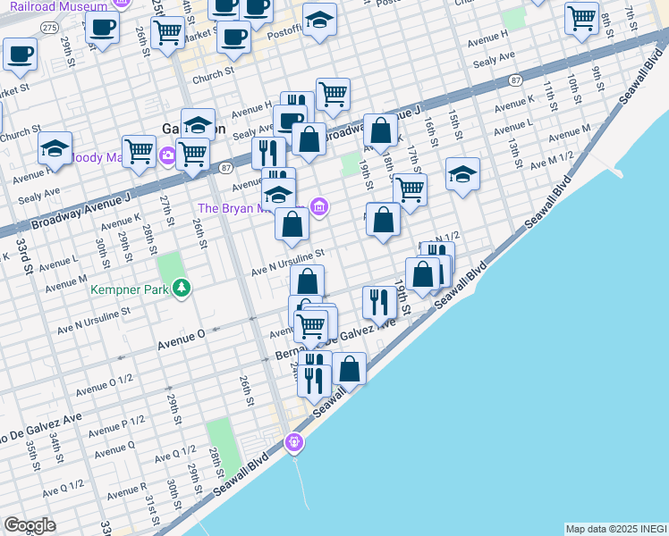 map of restaurants, bars, coffee shops, grocery stores, and more near 1609 21st Street in Galveston