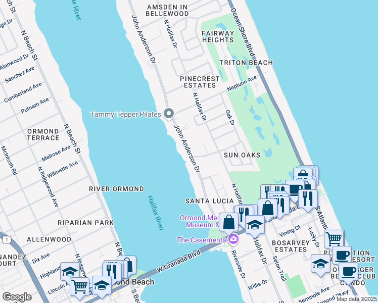 map of restaurants, bars, coffee shops, grocery stores, and more near 230 John Anderson Drive in Ormond Beach