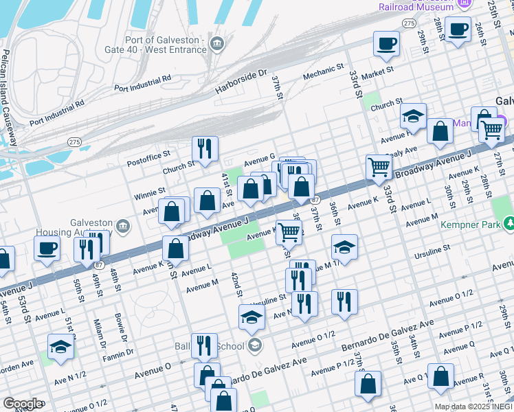 map of restaurants, bars, coffee shops, grocery stores, and more near Broadway Avenue J in Galveston