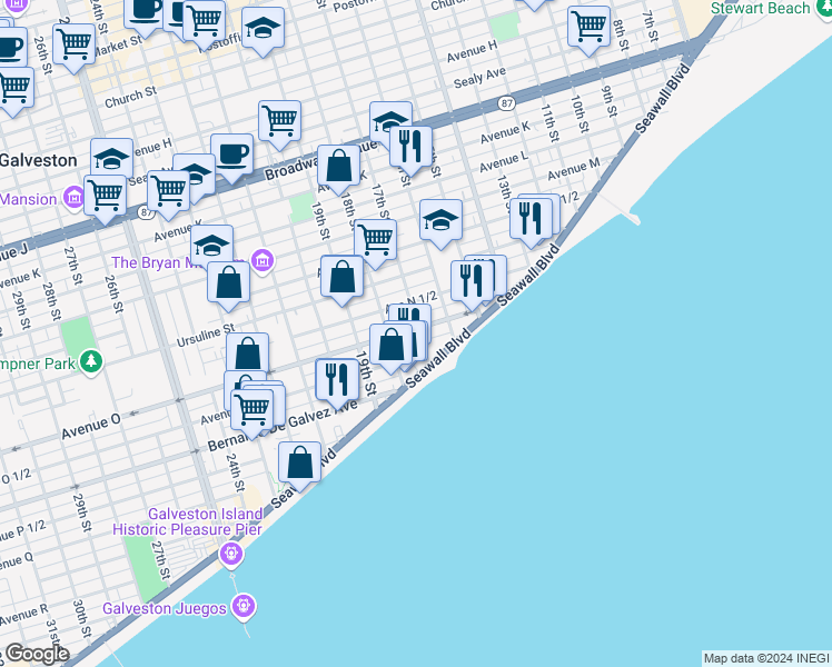 map of restaurants, bars, coffee shops, grocery stores, and more near 1717 Avenue O in Galveston
