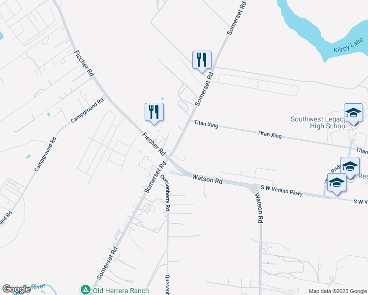 map of restaurants, bars, coffee shops, grocery stores, and more near 12910 Somerset Road in Von Ormy
