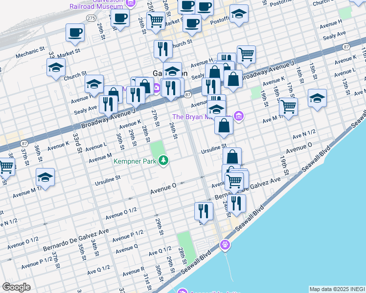 map of restaurants, bars, coffee shops, grocery stores, and more near 1416 26th Street in Galveston
