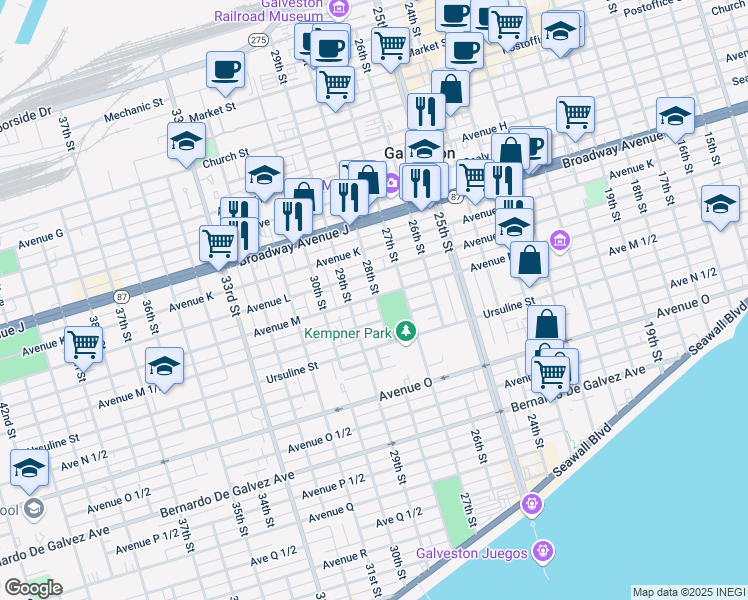 map of restaurants, bars, coffee shops, grocery stores, and more near 2806 Avenue M 1/2 in Galveston