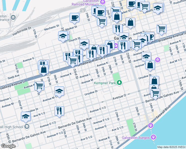 map of restaurants, bars, coffee shops, grocery stores, and more near 3021 Avenue M in Galveston