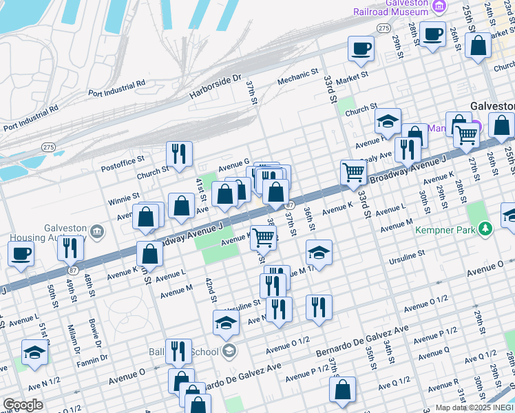 map of restaurants, bars, coffee shops, grocery stores, and more near 3826 Sealy Avenue in Galveston