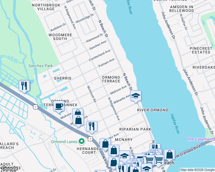 map of restaurants, bars, coffee shops, grocery stores, and more near 94 Greenwood Avenue in Ormond Beach