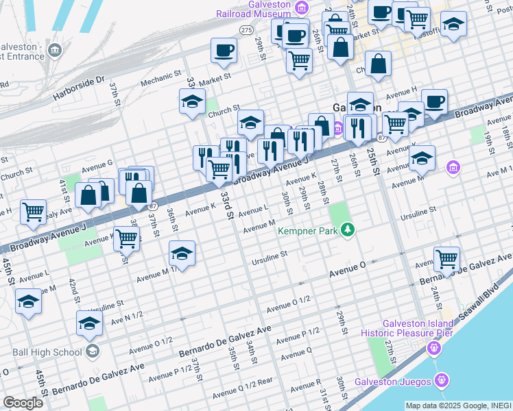 map of restaurants, bars, coffee shops, grocery stores, and more near 3116 Avenue L in Galveston