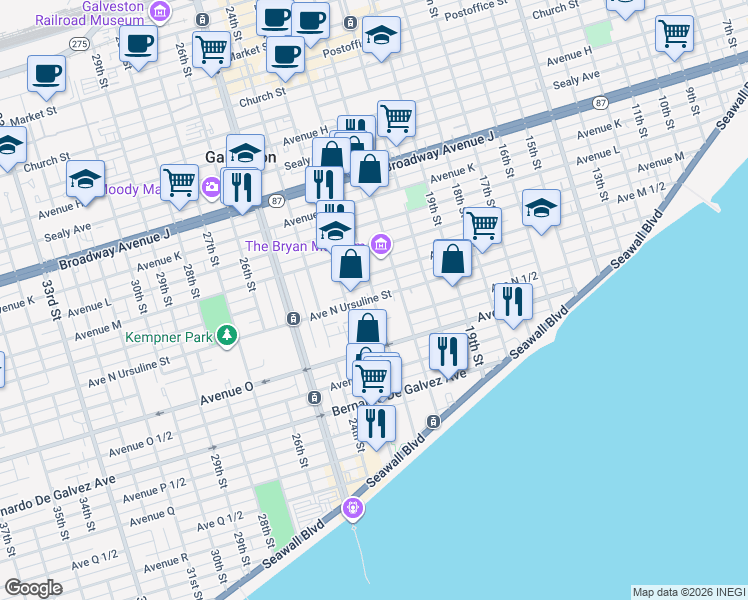 map of restaurants, bars, coffee shops, grocery stores, and more near 1409 22nd Street in Galveston