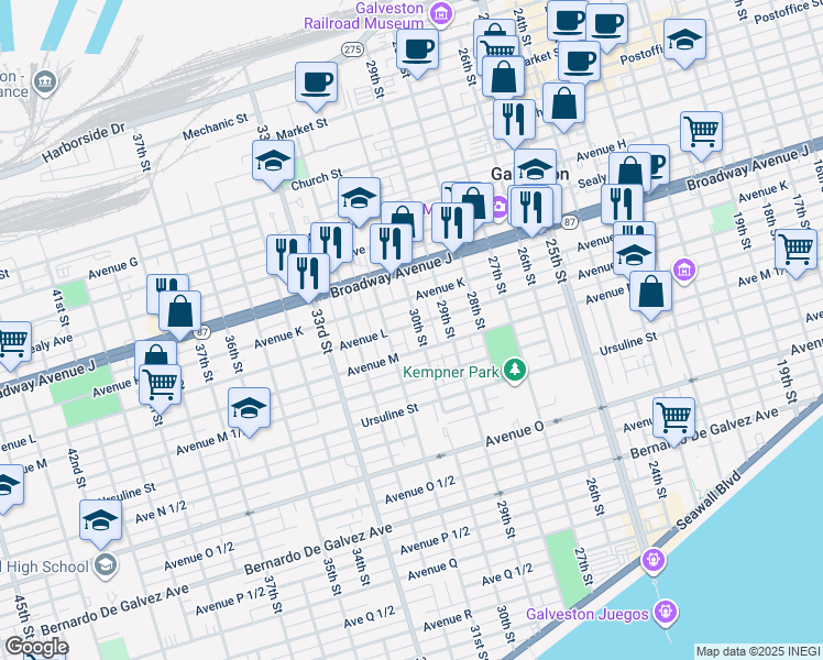 map of restaurants, bars, coffee shops, grocery stores, and more near 3003 Avenue L in Galveston
