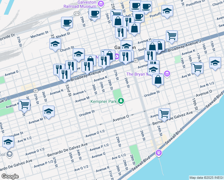 map of restaurants, bars, coffee shops, grocery stores, and more near 2803 Avenue L in Galveston