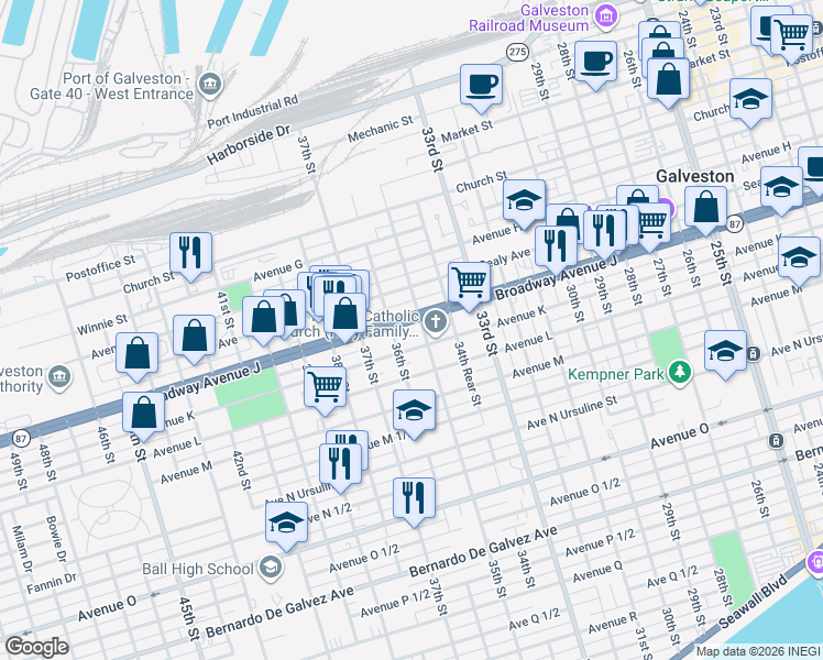 map of restaurants, bars, coffee shops, grocery stores, and more near 3502 State Highway 87 in Galveston