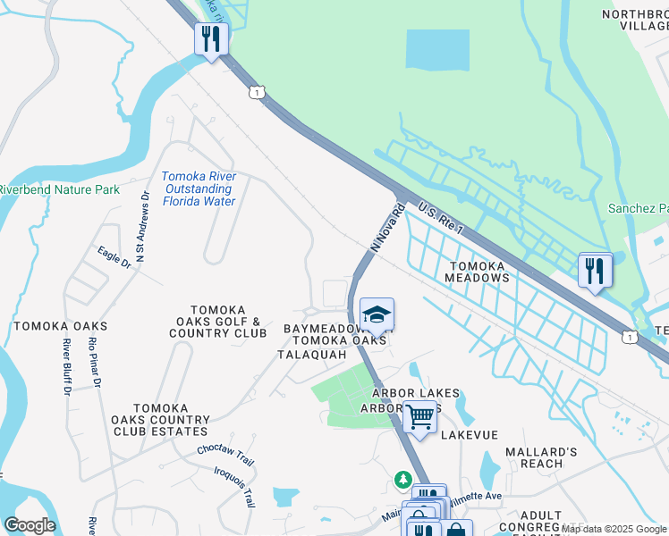 map of restaurants, bars, coffee shops, grocery stores, and more near 640 North Nova Road in Ormond Beach