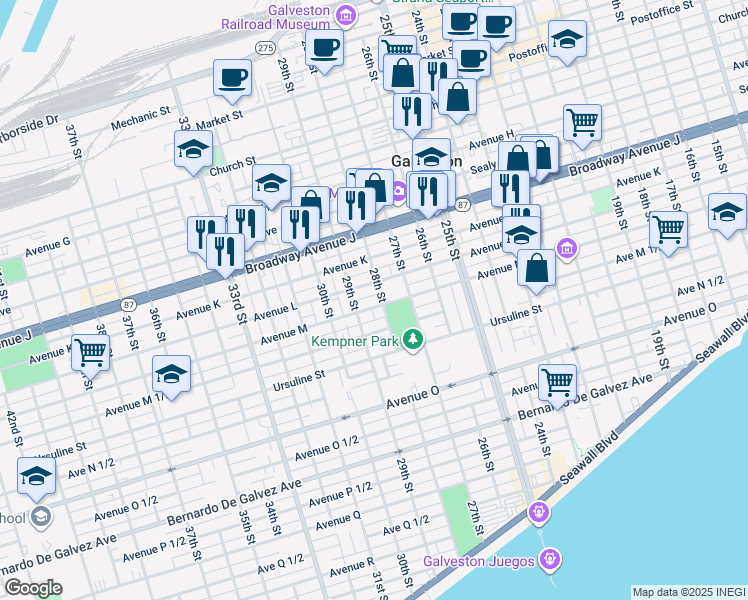 map of restaurants, bars, coffee shops, grocery stores, and more near 2803 Avenue L in Galveston