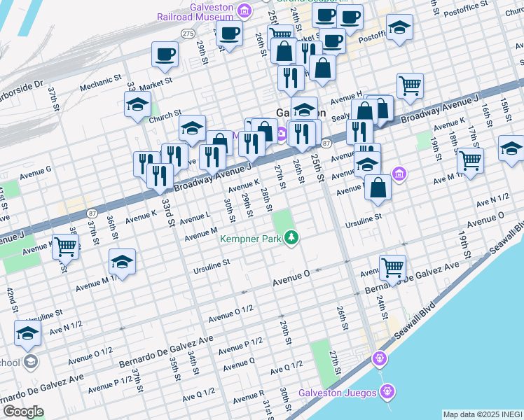 map of restaurants, bars, coffee shops, grocery stores, and more near 2803 Avenue L in Galveston