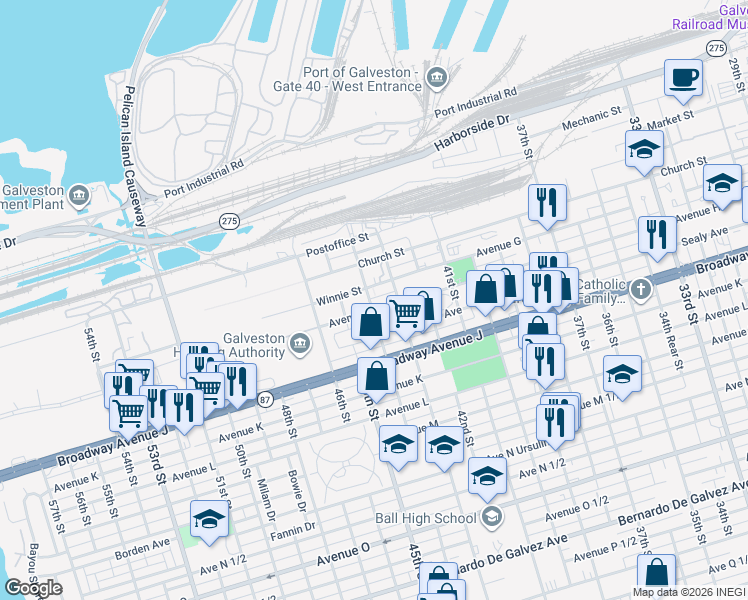map of restaurants, bars, coffee shops, grocery stores, and more near 714 44th Street in Galveston