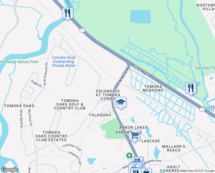 map of restaurants, bars, coffee shops, grocery stores, and more near 640 North Nova Road in Ormond Beach