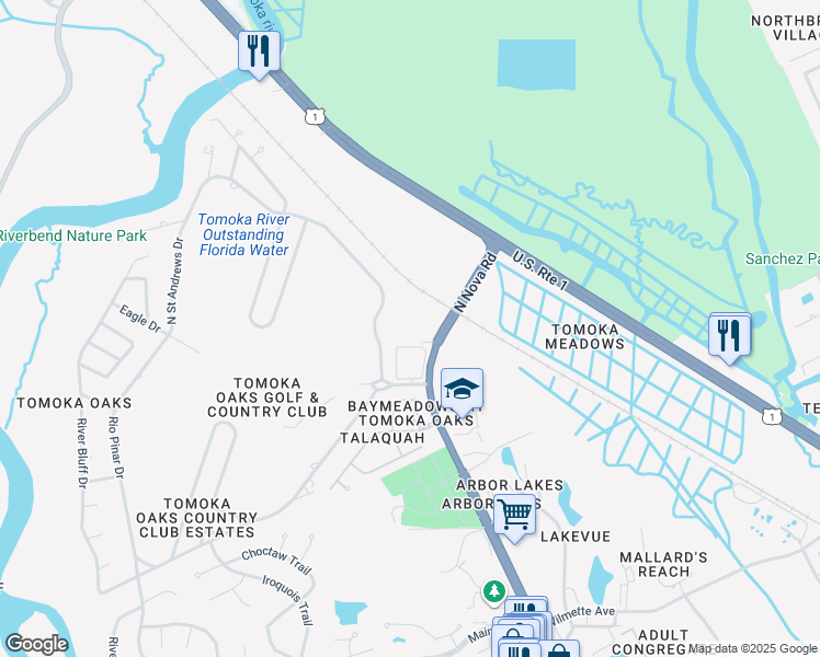 map of restaurants, bars, coffee shops, grocery stores, and more near 640 North Nova Road in Ormond Beach