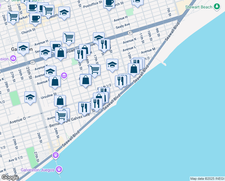 map of restaurants, bars, coffee shops, grocery stores, and more near 1612 16th Street in Galveston