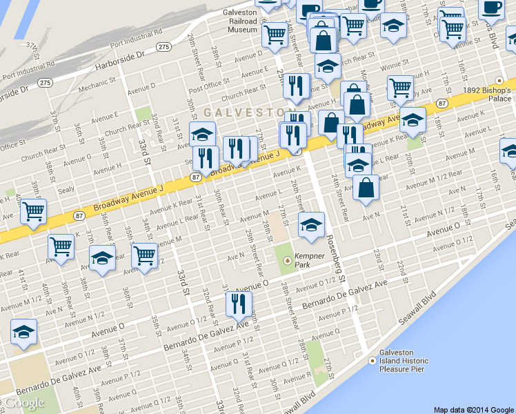map of restaurants, bars, coffee shops, grocery stores, and more near 2803 Avenue L in Galveston