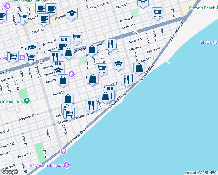 map of restaurants, bars, coffee shops, grocery stores, and more near 1705 Avenue North 1/2 in Galveston
