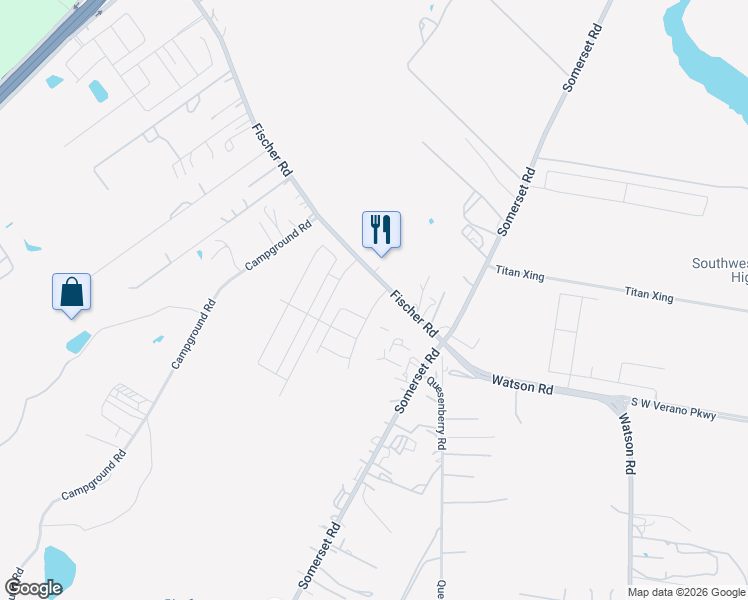 map of restaurants, bars, coffee shops, grocery stores, and more near 12545-12899 Fischer Road in Von Ormy