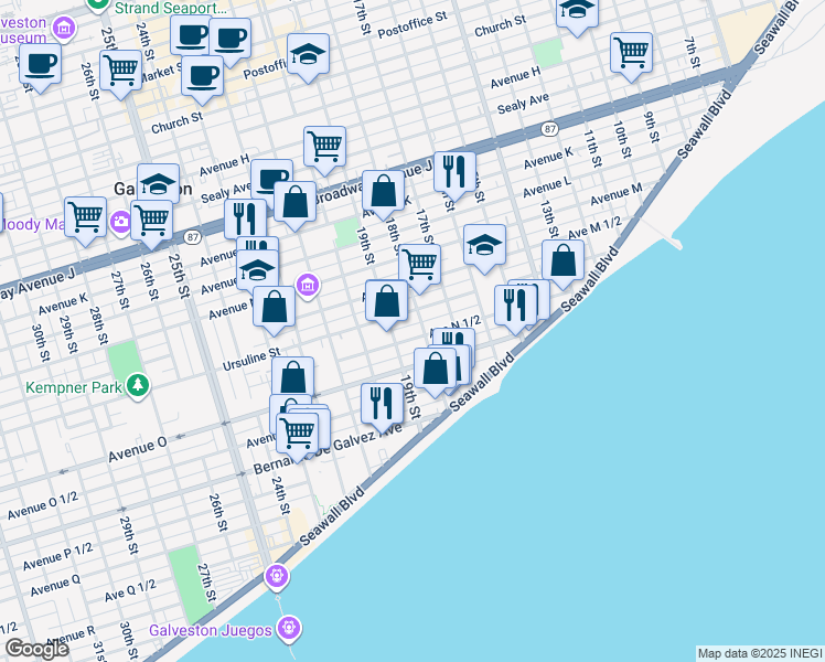 map of restaurants, bars, coffee shops, grocery stores, and more near 1810 1/2 Avenue North 1/2 in Galveston