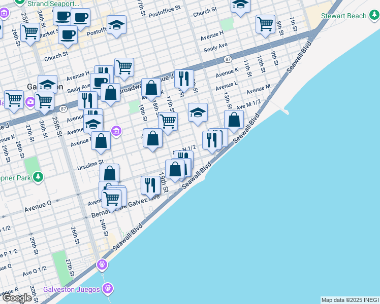 map of restaurants, bars, coffee shops, grocery stores, and more near 1705 Avenue North 1/2 in Galveston