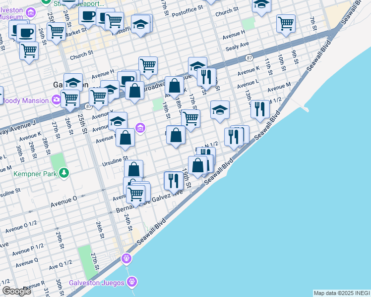 map of restaurants, bars, coffee shops, grocery stores, and more near 1810 1/2 Avenue North 1/2 in Galveston