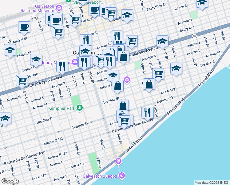 map of restaurants, bars, coffee shops, grocery stores, and more near 1403 23rd Street in Galveston