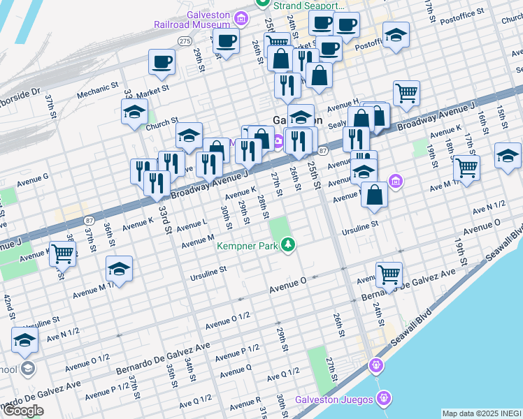 map of restaurants, bars, coffee shops, grocery stores, and more near 2803 Avenue L in Galveston