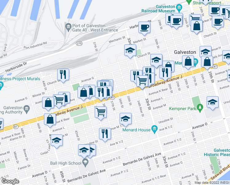 map of restaurants, bars, coffee shops, grocery stores, and more near 3602 Broadway Avenue J in Galveston