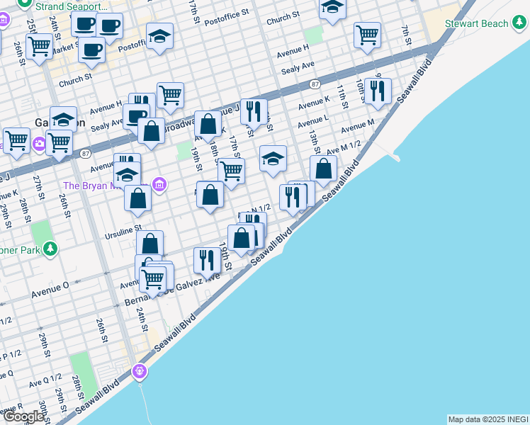 map of restaurants, bars, coffee shops, grocery stores, and more near 1612 16th Street in Galveston