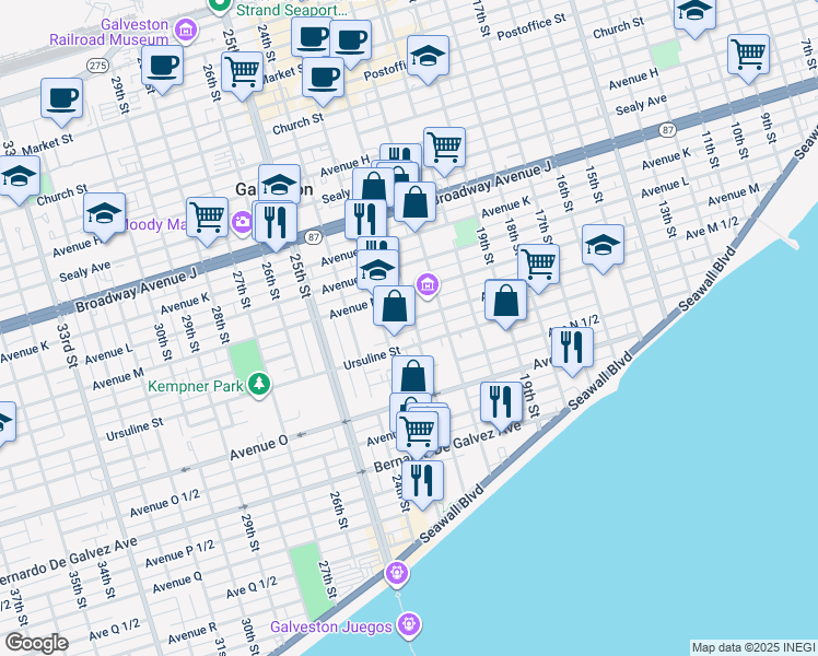 map of restaurants, bars, coffee shops, grocery stores, and more near 1409 22nd Street in Galveston