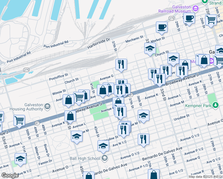 map of restaurants, bars, coffee shops, grocery stores, and more near 3826 Sealy Avenue in Galveston