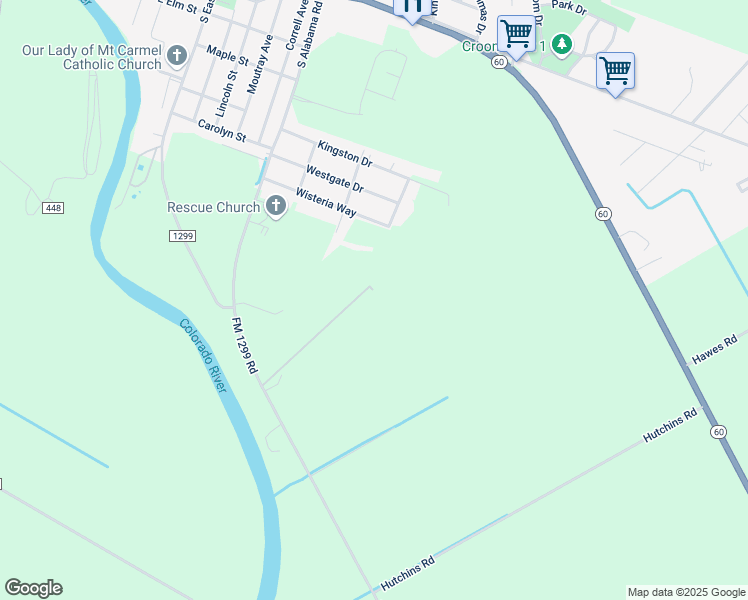 map of restaurants, bars, coffee shops, grocery stores, and more near 1531 FM 1299 Road in Wharton