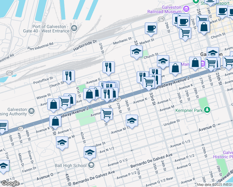 map of restaurants, bars, coffee shops, grocery stores, and more near 3602 Broadway Avenue J in Galveston