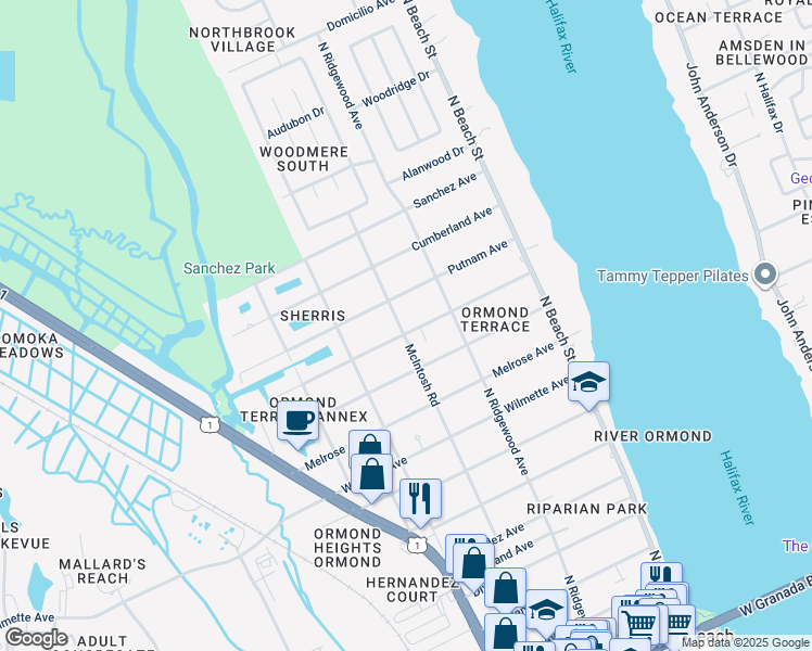 map of restaurants, bars, coffee shops, grocery stores, and more near 501 McIntosh Road in Ormond Beach