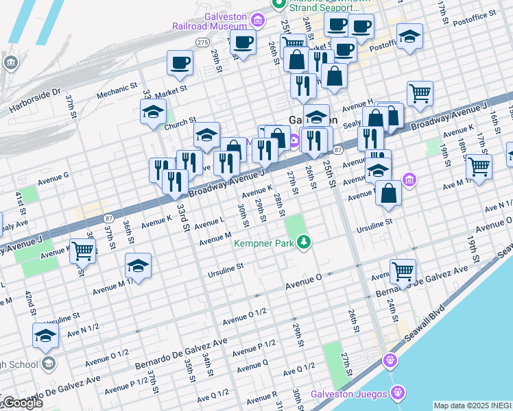 map of restaurants, bars, coffee shops, grocery stores, and more near 2904 Avenue L in Galveston